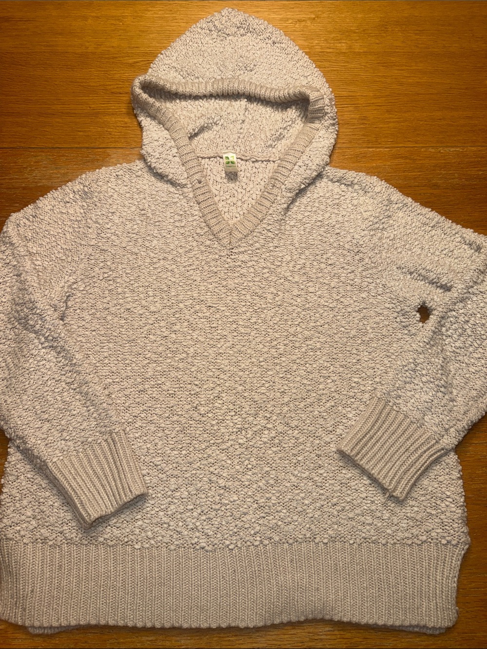 GreenTea Women's Cream Bouclé Hooded V-Neck Sweater